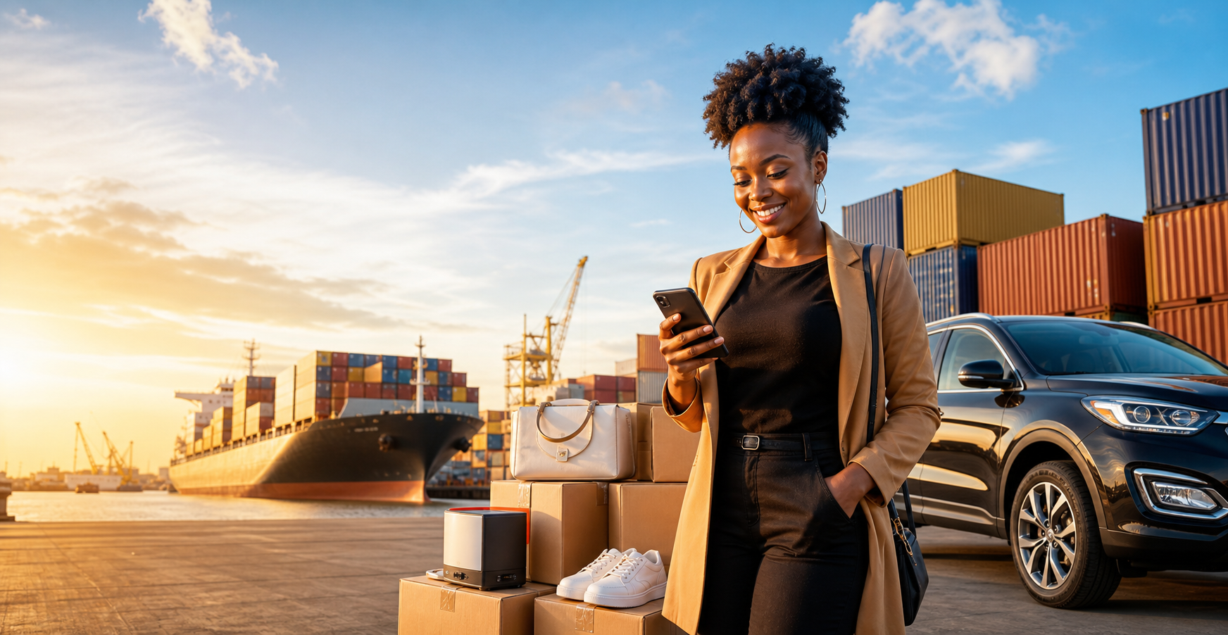 Shipping entrepreneur beside imported goods